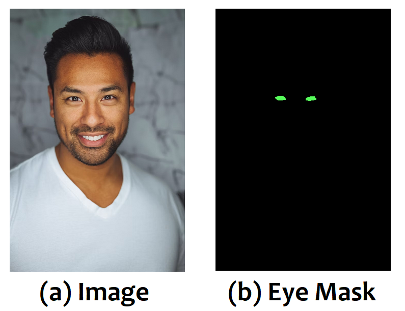 Figure 10: An image of a persons face and the corresponding segmentation mask for their eyes. You can see that the eyes occupy a very small fraction of the overall image. Source: Adapted from Unsplash