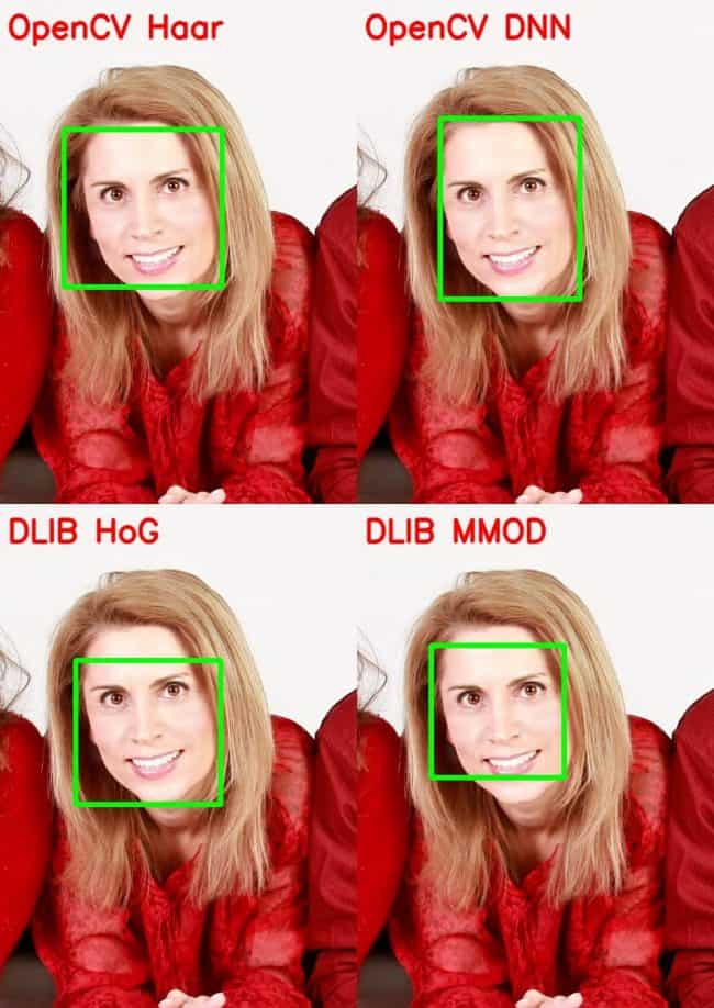 comparing the face detected by OpenCV Haar with DNN, HoG and MOOD – single face tilted to right, light shadow of hair