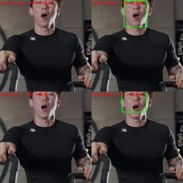Comparing the face detection accuracy, frontal pose, singe face partly out of frame 1 - inference time is labeled for each method