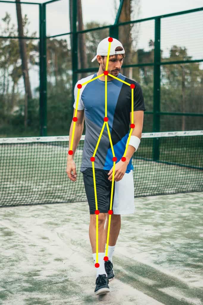 The sample skeleton output of pose estimation, and detected keypoints marked on the image.