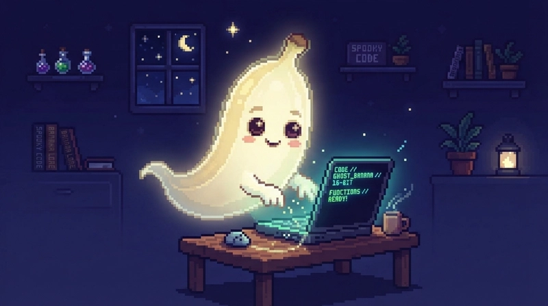 A glowing pixel-art ghost banana typing on a small laptop in a dark indigo room with a moonlit window and shelves