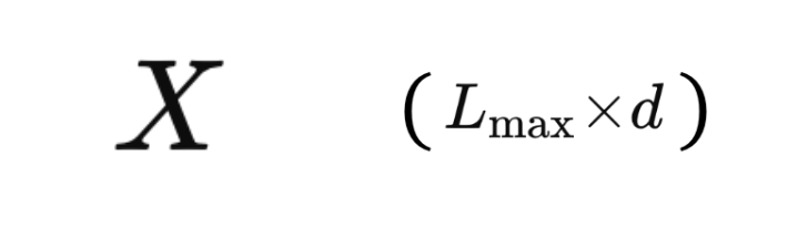 The token embedding matrix, X, which forms the input to the Multi-Head Attention process, alongside its dimensions. L_max is given by the maximum sequence length and d represents the number of embedding dimensions. Image by author.