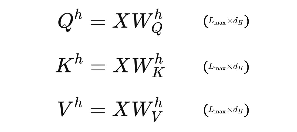 The equations for the Query, Key, and Value matrices for each head. d_H represents the number of columns in the matrices and is given by the number of embedding dimensions d divided by the number of heads H. Image by author.