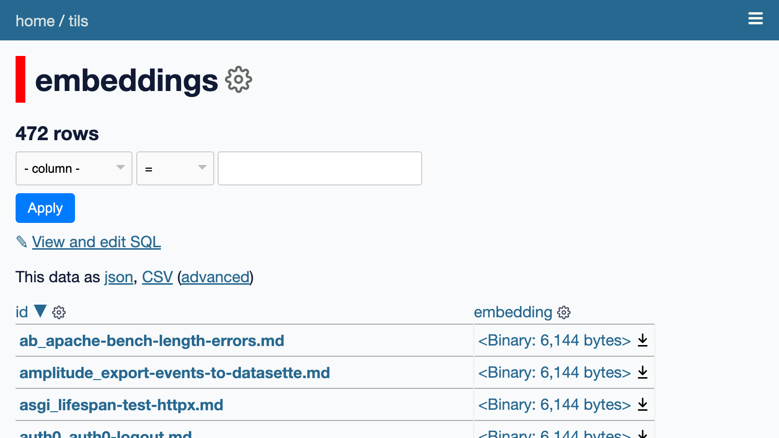 Screenshot of the embeddings table in Datasette, it has 472, rows each of which consists of a text ID and a binary 6.144 bytes embedding