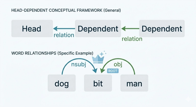 Dependency grammar maps every word to its head with a named relationship label